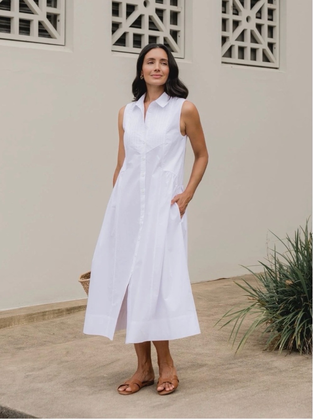 Maye Corrine Sleeveless White Button-Front Midi Shirt Dress Collar Size M Summer
